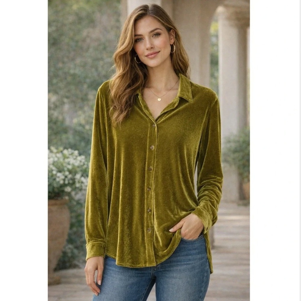 Soft Surroundings Boyfriend Shirt Green Velvet Collared Curved Hem Button-Up 2X